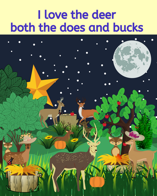 Interior page from I Love Animals and Me children’s book by Laura Lynn Doyle – illustrated nighttime forest scene with deer, stars, and pumpkins