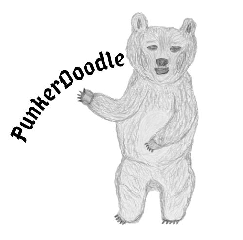 PunkerDoodle® name and logo with JJ the bear mascot in black and white image