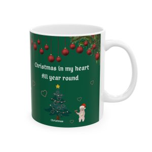 Christmas in My Heart All Year Round ceramic mug with JJ the Bear - holiday keepsake mug by PunkerDoodle