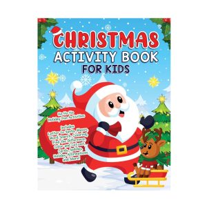Christmas Activity Book for Kids cover featuring Santa, reindeer and festive holiday activities including mazes and puzzles
