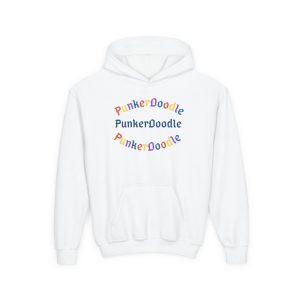 Triple Logo PunkerDoodle Youth Hoodie in white - colorful empowerment hoodie for kids