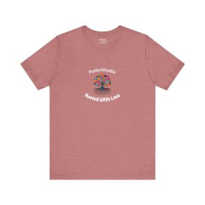 Rooted With Love Short Sleeve Tee by PunkerDoodle® featuring a tree with hearts and roots design in Heather Mauve color