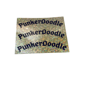 Triple Logo PunkerDoodle® Glitter Sticker featuring the PunkerDoodle® name in a holographic triple-logo design.