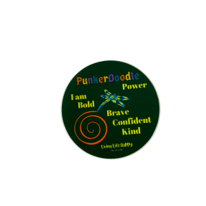 Round PunkerDoodle® Power Sticker with the words Bold, Brave, Confident, and Kind around the PunkerDoodle® logo and has a dragonfly and spiral.