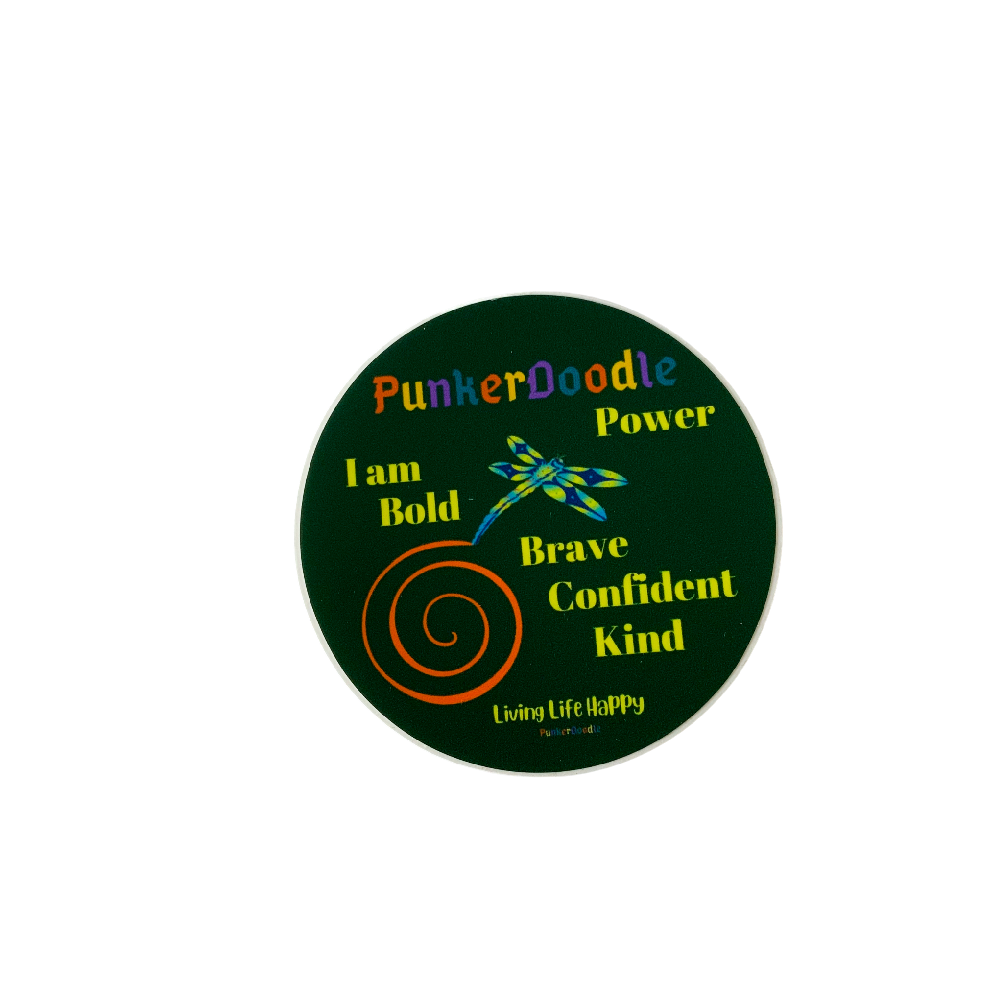 Round PunkerDoodle® Power Sticker with the words Bold, Brave, Confident, and Kind around the PunkerDoodle® logo and has a dragonfly and spiral.