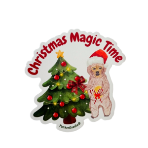JJ Bear wearing a Santa hat beside a decorated Christmas tree with the words "Christmas Magic Time."