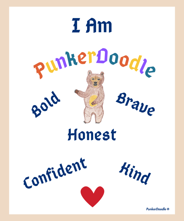 PunkerDoodle Kids Wall Art featuring the PunkerDoodle bear and positive character traits for children. Bold Brave Honest Confident Kind with a red heart