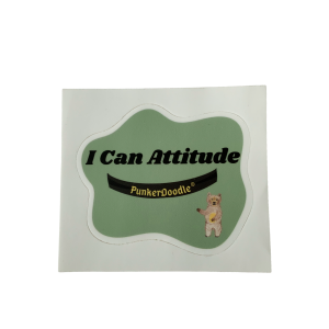 Die-cut I Can Attitude® PunkerDoodle® sticker with JJ Bear on a green background.