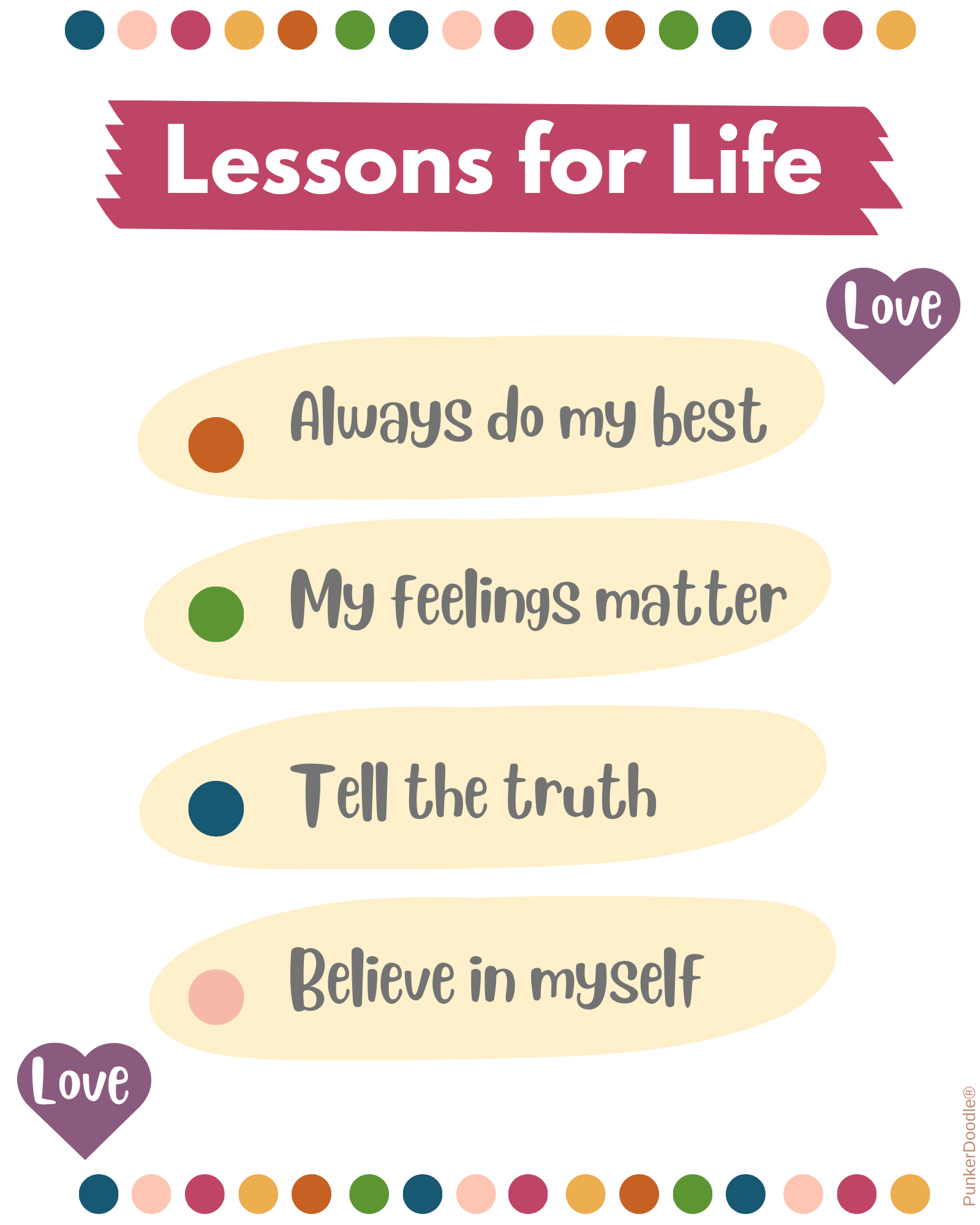 Colorful design with Lessons for Life kids wall art featuring the positive reminders Always Do My Best, My Feelings Matter, Tell the Truth, and Believe in Myself.